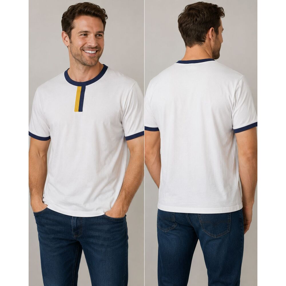 Withernot Camp Tab Ringer Tee XXL White Navy Gold Retro Heritage Cotton Shirt